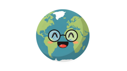 A cartoon globe with glasses smiles on white background 