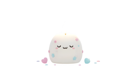 A cute white candle with a smiling face surrounded by hearts