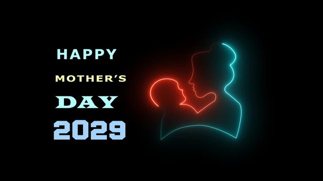 Happy Mother's Day 2029 Greeting Card with Glowing Neon Heart and Digital Floral Accents on Dark Background