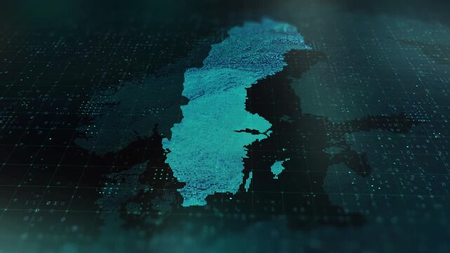 Sweden digital map animation stock footage. Showing innovation in tech, technology AI sector.
