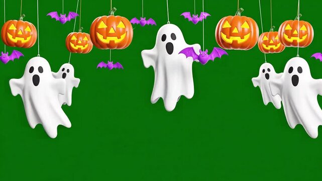 3D spooky animation cartoon halloween decoration hanging from the top against chroma key green screen background.