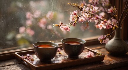Cherry blossoms, tea cups, tray on windowsill. Rainy background