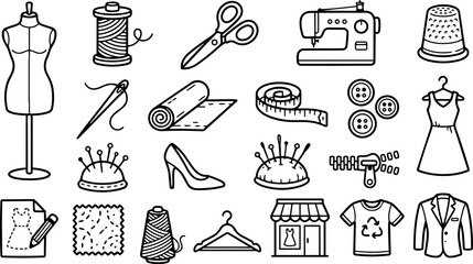 Line art hand drawn sewing icons close up assorted dressmaking tools mannequin sewing machine scissors needle thread buttons pincushion dress shop