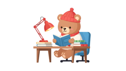 Brown bear reads book at wooden desk with red lamp