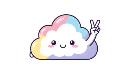 Cute cloud character gives peace sign with colorful design