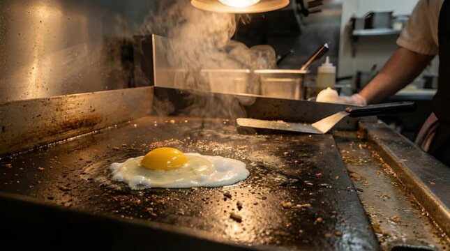 Egg Fry on Industrial Griddle in Restaurant Kitchen with Stainless Steel Background and Bright Overhead Lighting