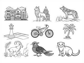 coloring page line art the animal bird and flower black vector bundle