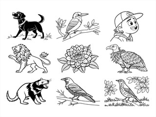 coloring page line art the animal bird and flower black vector bundle