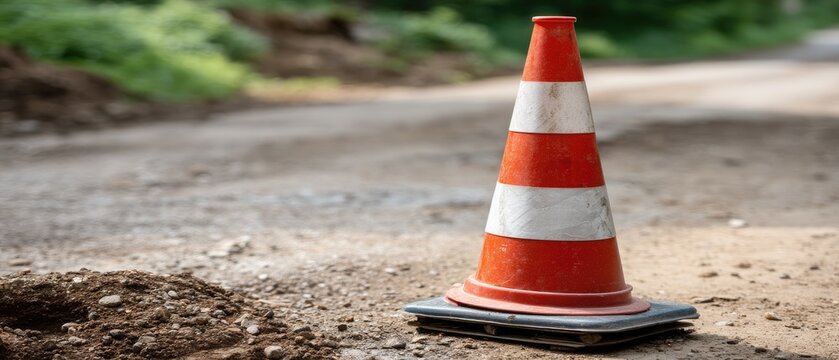 Red and white traffic sign with barricades on asphalt road during construction activity in urban city area with abstract concrete pavement background