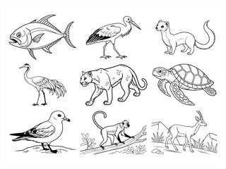 coloring page line art the animal bird and flower black vector bundle