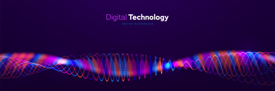 Abstract Digital Technology Design Featuring Neon Particles And Dynamic Waves. Ideal For Modern Innovation, Science, And Data Flow Themes. Digital Networks. Vector Illustration.