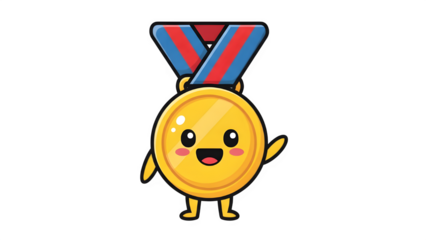 Smiling medal cartoon character with colorful ribbon on white