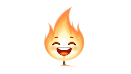 A smiling cartoon fire emoji with a happy face