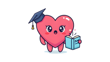 A heart character wearing graduation cap holds book