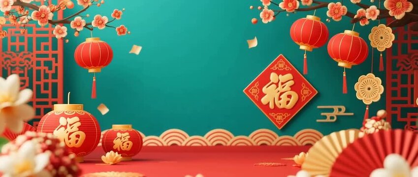 Red Chinese New Year greeting card featuring a vintage floral frame with vector flower illustrations and a decorative holiday border for a festive celebration