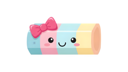 A cute cartoon pencil box with a pink bow smiles sweetly on white