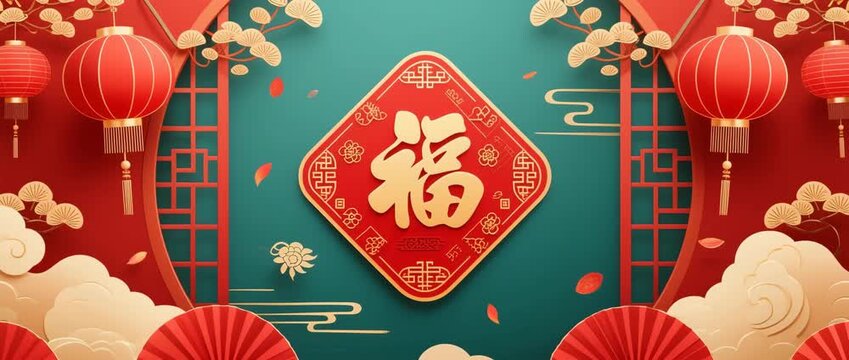Vector Chinese New Year greeting card design featuring red gold texture, traditional calligraphy characters, and festive decoration symbols for a cultural holiday celebration