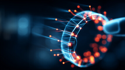 An abstract digital DNA structure formed by connected nodes and lines representing genetic data bioinformatics and molecular technology.
