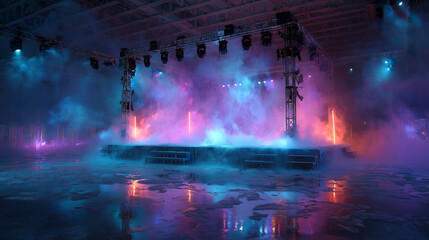 Amazing of fight stage with smoke effect on the stage , spotlights on the top blue and purple color tone , action mood.