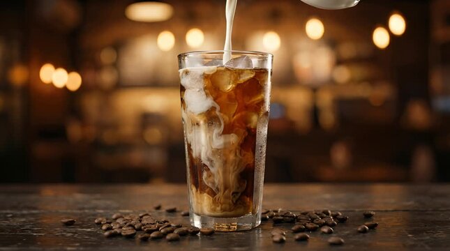 Iced Coffee Glass with Milk Pour and Coffee Beans on Dark Wood Table with Bokeh Cafe Background