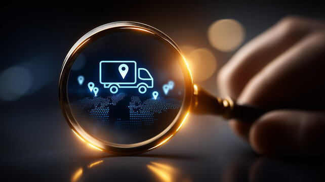 A magnifying glass revealing a delivery truck with location markers over a digital map to represent logistics tracking and supply chain monitoring.
