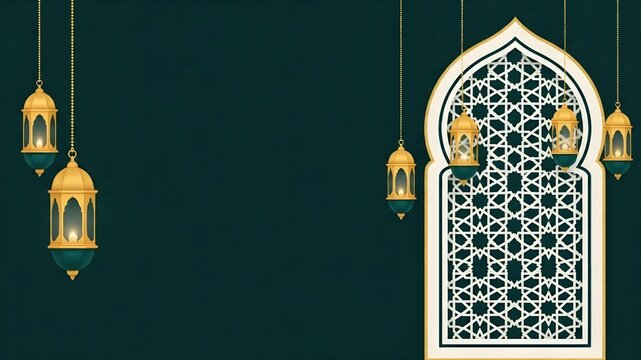 Islamic Mosque Window Frame: Hanging golden lanterns on dark green pattern background, ornate archway, Ramadan Kareem invitation, religious celebration, prayer and Ramadan concept