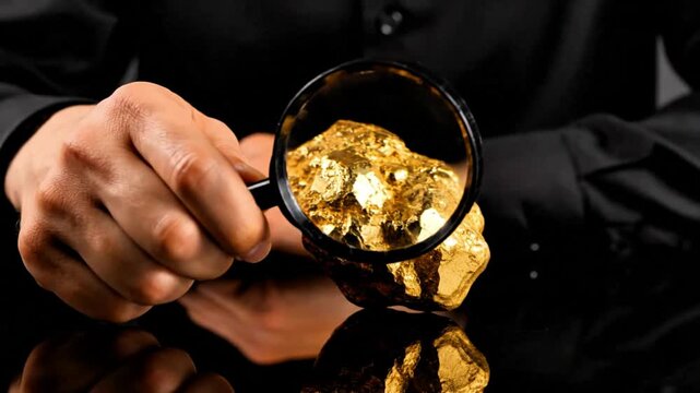 Video, illustration of an employee looking at a chunk of gold, material, precious metal, gold mine. 