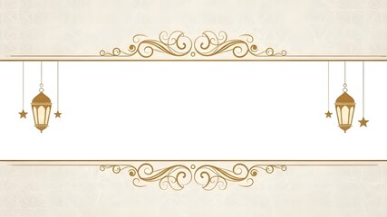 Classic Islamic Border Frame: Golden floral scrolls on cream pattern background, hanging lanterns and stars, elegant announcement, Ramadan and Eid greeting, religious tradition concept