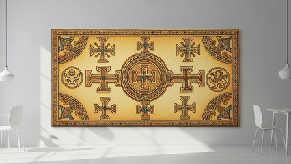 Ethiopian religious art depicting angels and the Holy Spirit in vibrant colors and intricate patterns