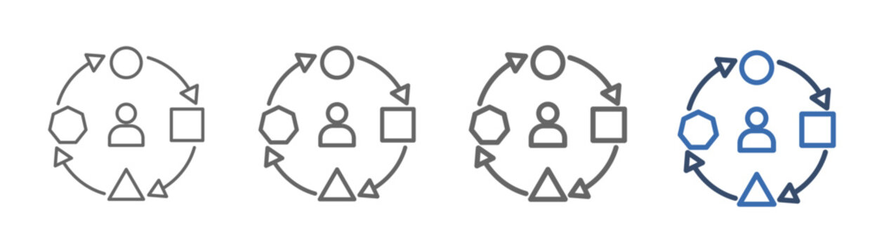 
outline icon set adaptation with quarter circle design arrow to right, down, left, up, person, box, circle, hexagon, triangle,