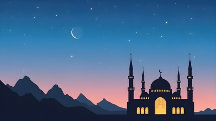 Sunset Mosque over Mountains: Dark silhouette of Islamic architecture, crescent moon in starry sky, orange and blue horizon, peaceful wilderness, spiritual travel and Ramadan concept