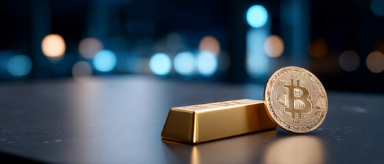 Close-up of a gold bar and a bitcoin coin on a dark surface with blurred blue and orange bokeh lights in the background