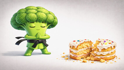 Calm broccoli martial artist meditating in front of cake, concept of mindfulness and resisting sugar temptation.