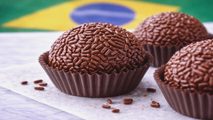 Close-up of classic brigadeiro sweets, popular Brazilian dessert made with chocolate and condensed milk, topped with sprinkles.
