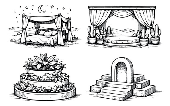 Hand drawn line art decor elements set featuring a magical canopy bed, desert stage, tiered floral planter, and an ancient stone arch for mystical or fantasy design projects