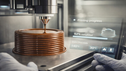 High-tech dessert manufacturing using food-grade 3D printing technology in a modern laboratory kitchen.