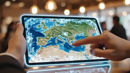 Hands holding a tablet displaying a futuristic digital map of Europe with glowing circuit board patterns representing technology global connectivity and data visualization - Powered by Adobe