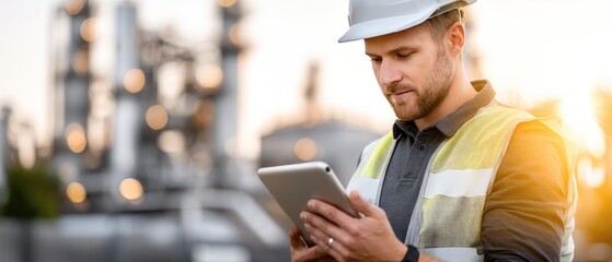 Man in safety vest and hard hat uses ipad at sunset near industrial buildings with gas towers in the background for oilfield service company