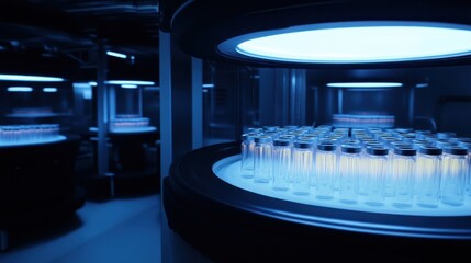 Rows of small identical glass vials containing liquid are illuminated by blue light in a modern laboratory production setting