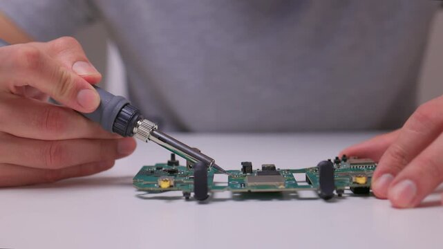 Technician fix circuit components, Detailed view of circuit board being repaired accurately, Focused technician meticulously reworking electronic parts on clean workbench