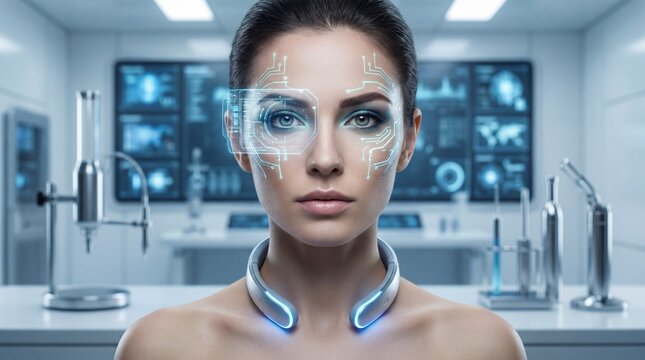 Futuristic woman with digital interface, cybernetic eye, and silver wearable device in high tech laboratory, advanced technology, innovation, and intelligence - Powered by Adobe
