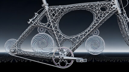 Innovative bicycle frame with intricate fractal geometry and gear mechanisms on dark background