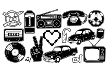 Obraz premium A diverse assembly of iconic retro-inspired graphics, evoking a sense of nostalgia for classic technology and cultural symbols of past eras, perfect for vintage design projects