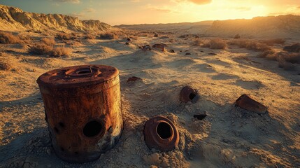 Rusted metal fragments scattered across a barren desert landscape at sunset with warm light