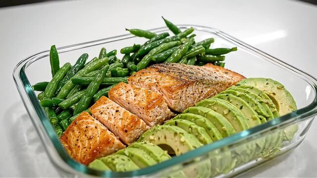 Healthy Meal Prep Container with Grilled Salmon Green Beans and Avocado - Balanced Nutrition for Fitness Wellness Lifestyle