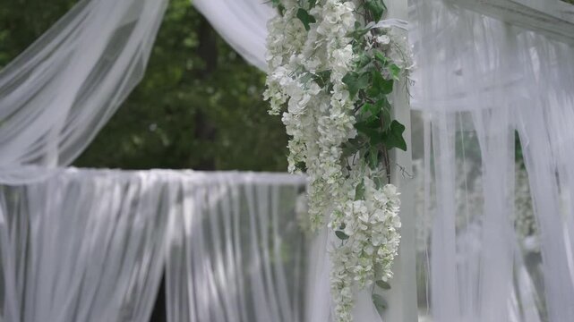 Close up of white wisteria flowers hanging on a wedding arch with tulle curtains in a park