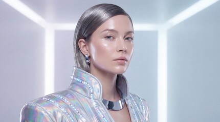 Silver futuristic fashion metallic jacket sleek hairstyle glowing skin modern woman confident expression high collar geometric background silver jewelry minimal makeup