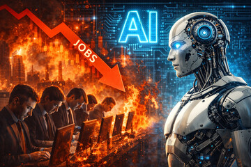 A futuristic concept of artificial intelligence replacing human labor in modern offices. A humanoid robot with AI types on a laptop, while the human disappears.