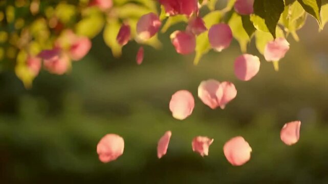 Delicate pink rose petals gently falling from tree branches in soft, golden sunlight, creating a serene and romantic atmosphere