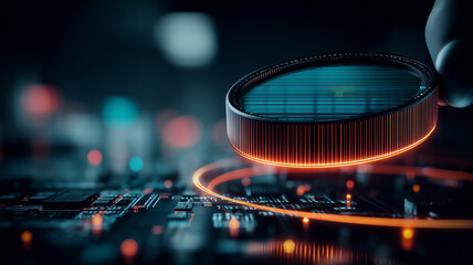 A futuristic digital device hovering above a circuit board, representing advanced hardware scanning and high technology inspection processes.

